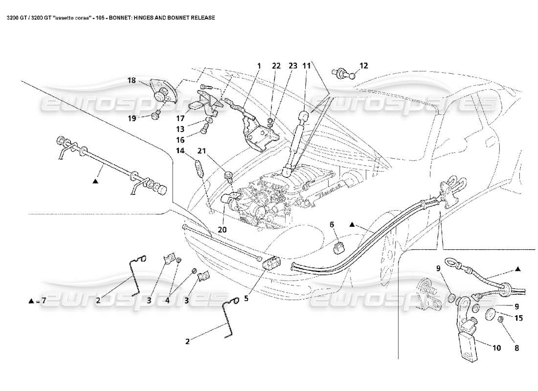 maserati 3200 gt/gta/assetto corsa capot : schéma des pièces des charnières et du déverrouillage du capot