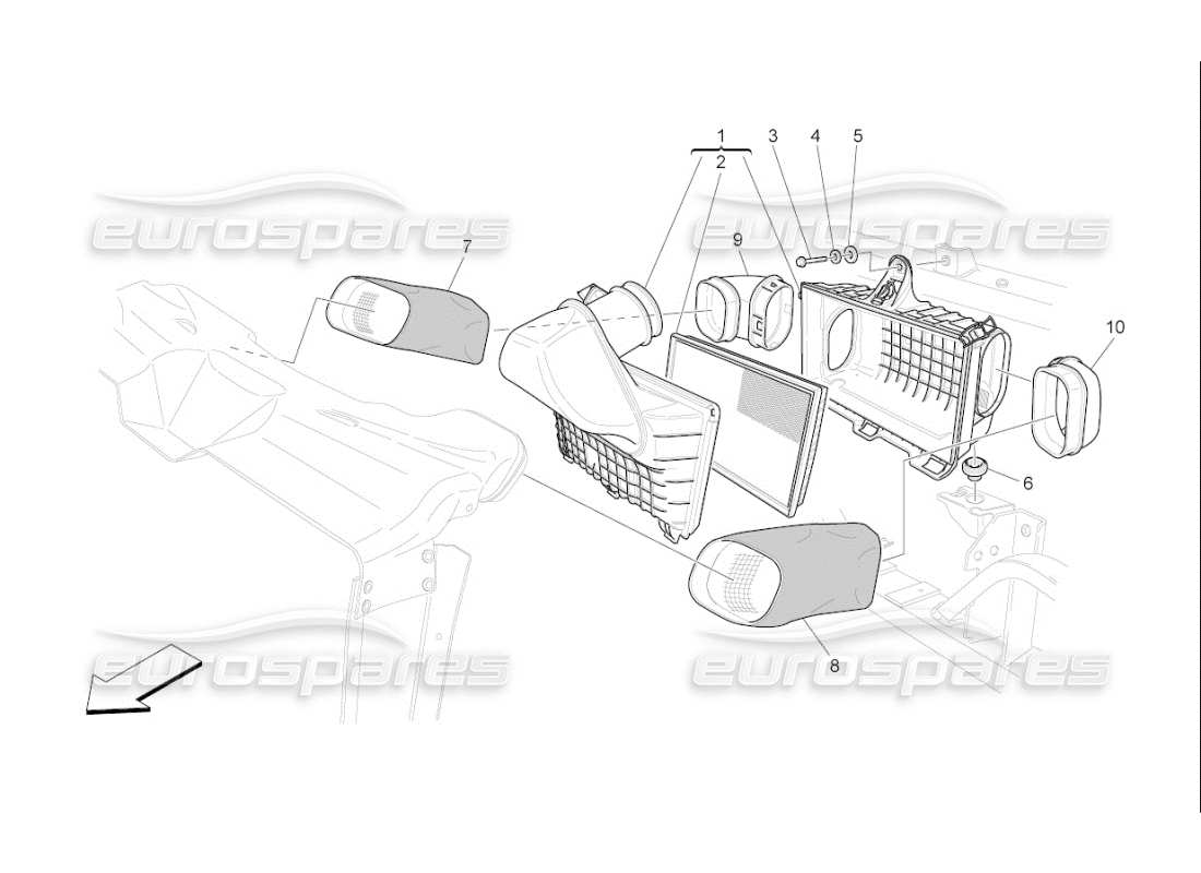 maserati qtp. (2010) 4.7 auto schéma des pièces du filtre à air, de l'admission d'air et des conduits