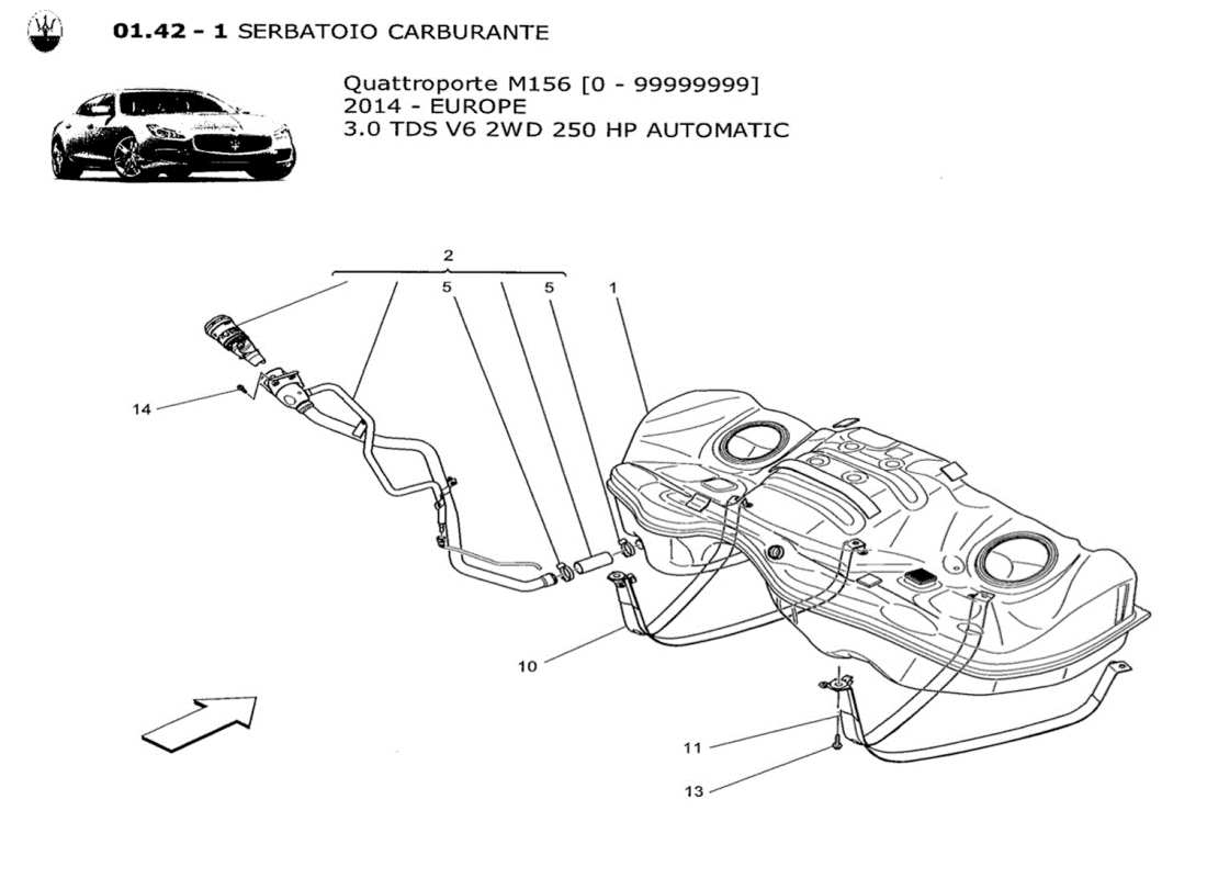 maserati qtp. v6 3.0 tds 250bhp 2014 réservoir de carburant schéma des pièces