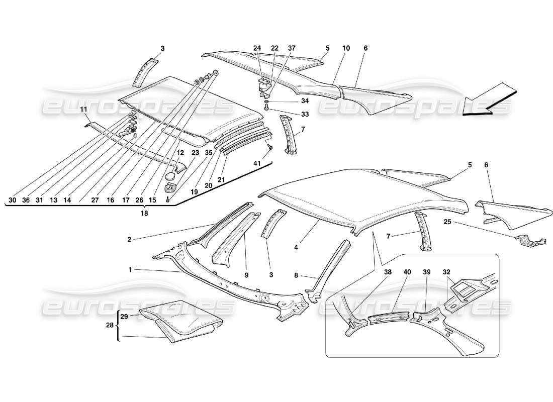 ferrari 355 (5.2 motronic) toit - garnitures extérieures schéma des pièces