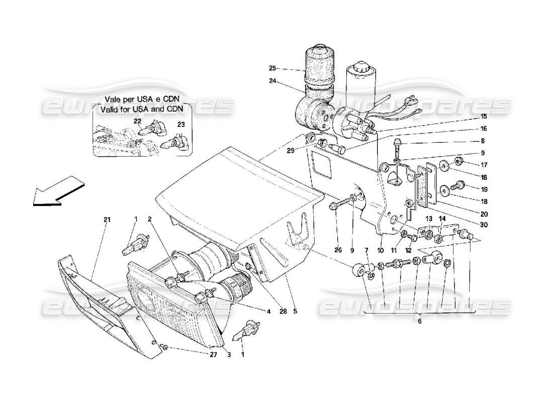 ferrari 348 (2.7 motronic) schéma des pièces du dispositif de levage des lumières et des phares