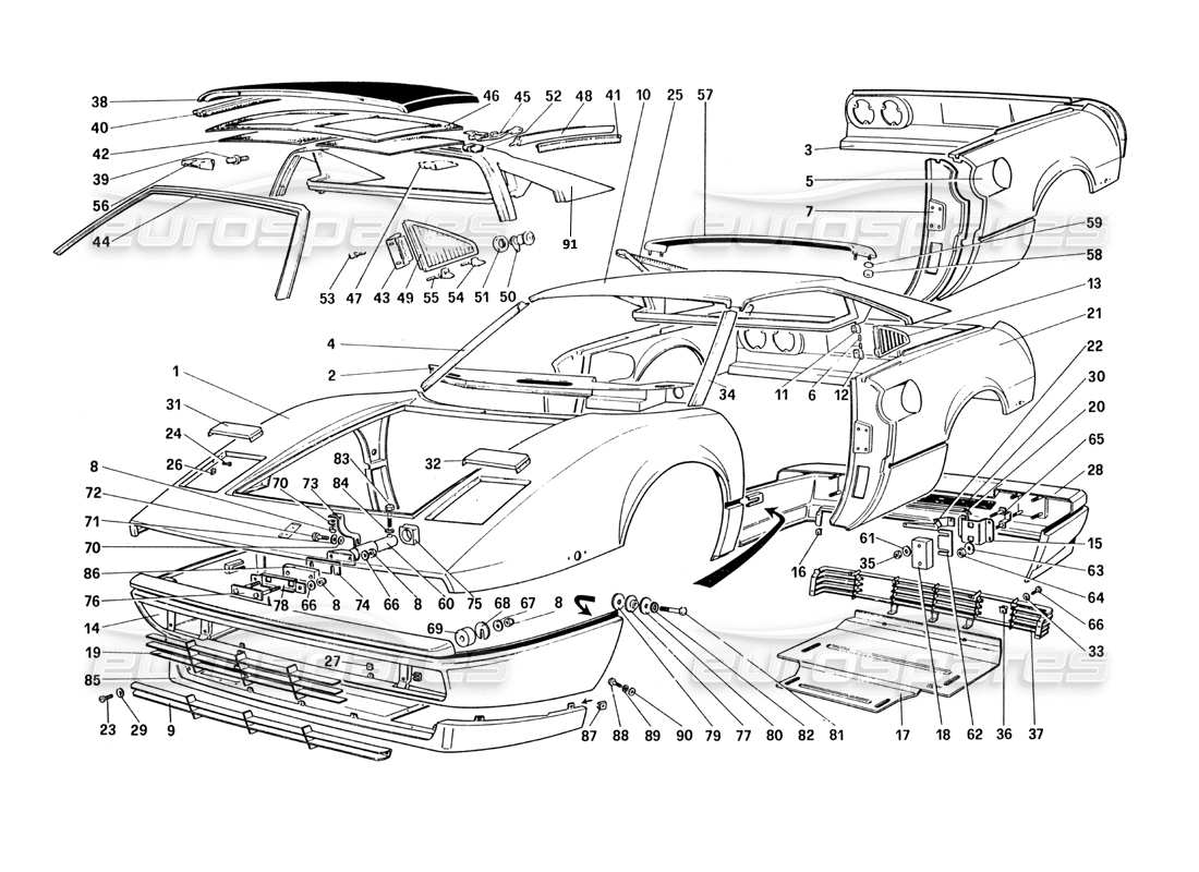 ferrari 328 (1985) coque de carrosserie - éléments extérieurs (pour les versions us et sa) schéma des pièces