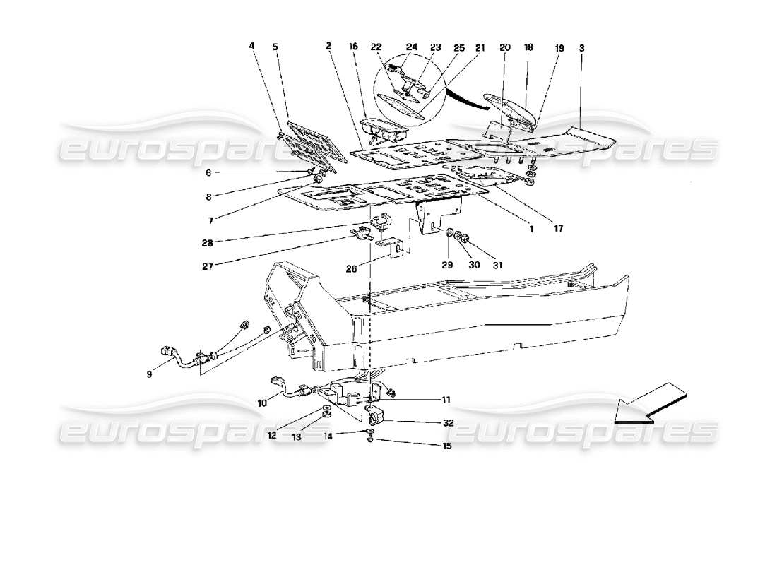 ferrari mondial 3.4 t coupe/cabrio tunnel - composants - schéma des pièces du cabriolet