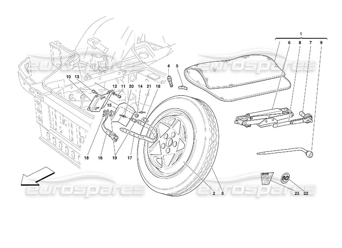 ferrari 355 (2.7 motronic) roue de secours et équipement - en option- schéma des pièces
