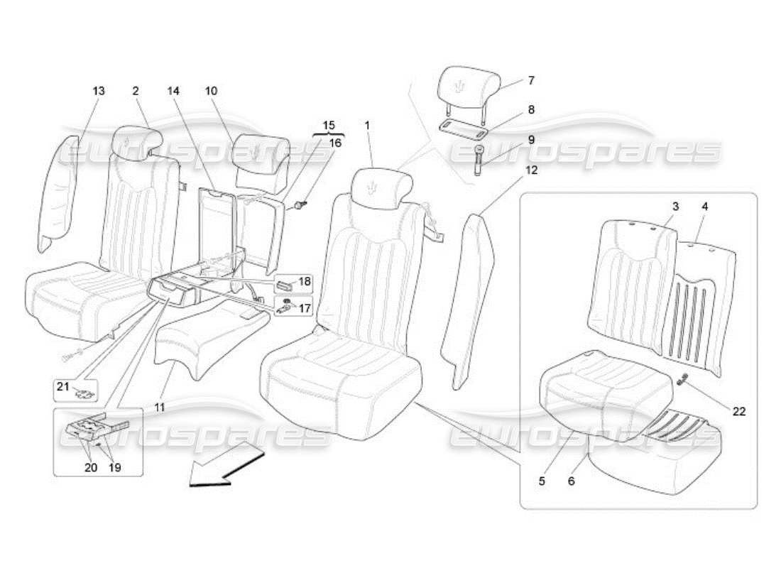 maserati qtp. (2005) 4.2 sièges arrière : diagramme de pièces des panneaux de garniture