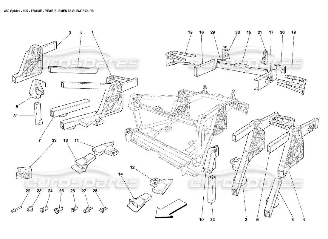 ferrari 360 spider cadre - sous-groupes d'éléments arrière - schéma des pièces