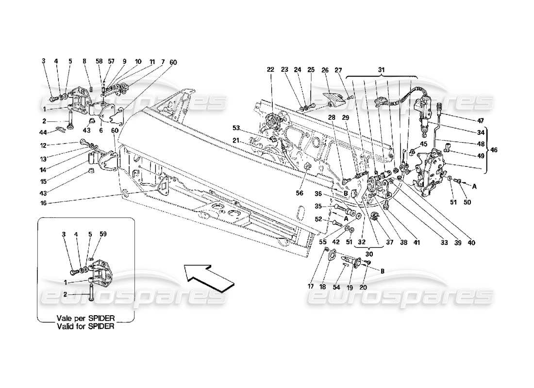 ferrari 348 (2.7 motronic) portes - schéma des pièces du contrôle d'ouverture et des charnières