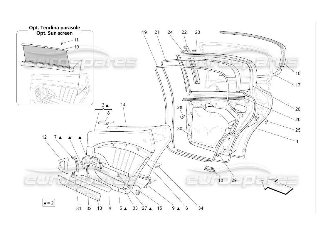 maserati qtp. (2007) 4.2 auto portes arrière : diagramme de pièces des panneaux de garniture