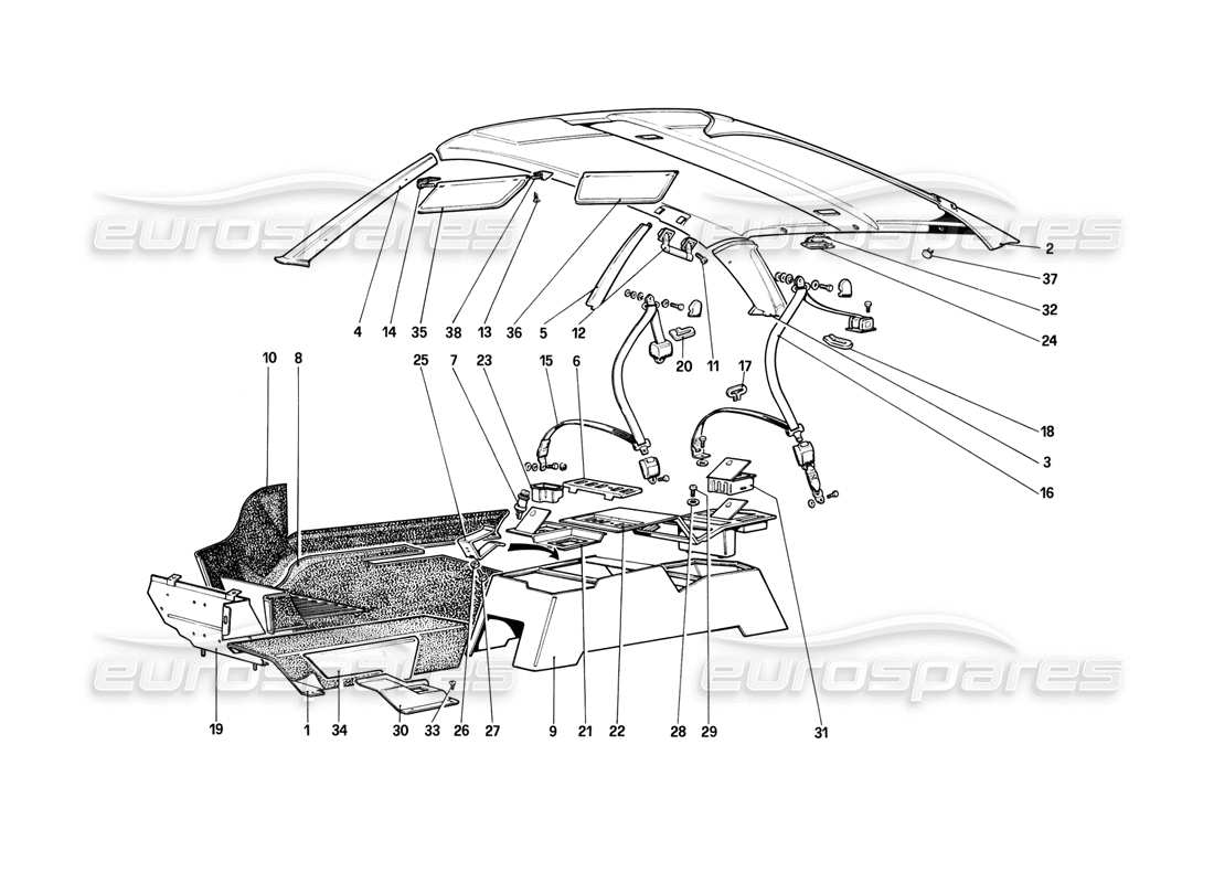 ferrari mondial 8 (1981) schéma des pièces du toit, du tunnel et des ceintures de sécurité