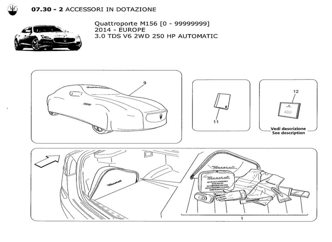 maserati qtp. v6 3.0 tds 250bhp 2014 schéma des pièces des accessoires fournis