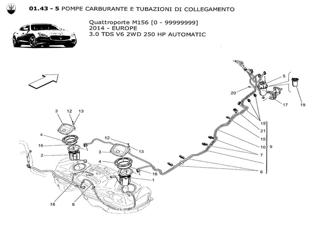maserati qtp. v6 3.0 tds 250bhp 2014 schéma des pièces des pompes à carburant et des conduites de connexion