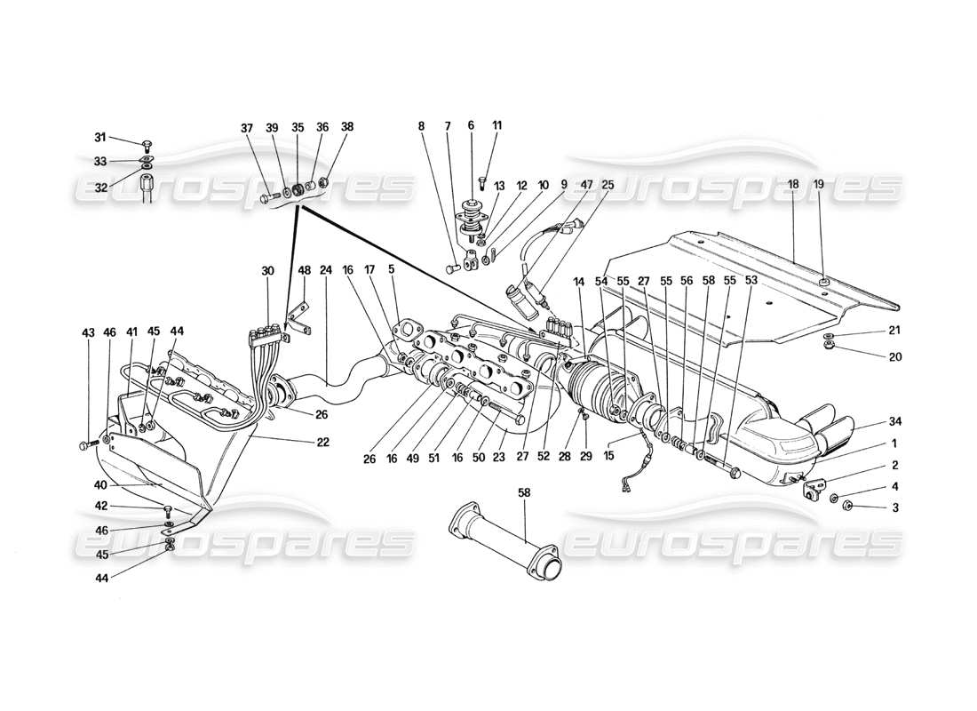 ferrari 328 (1985) système d'échappement (pour les versions us et sa) schéma des pièces