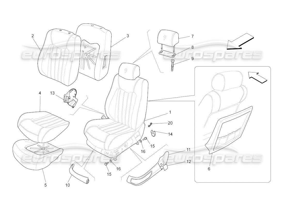 maserati qtp. (2011) 4.7 auto sièges avant : diagramme de pièces des panneaux de garniture