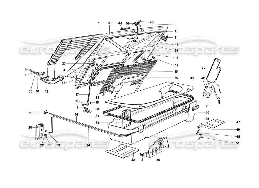 ferrari 328 (1985) schéma des pièces du capot arrière et du revêtement du coffre à bagages