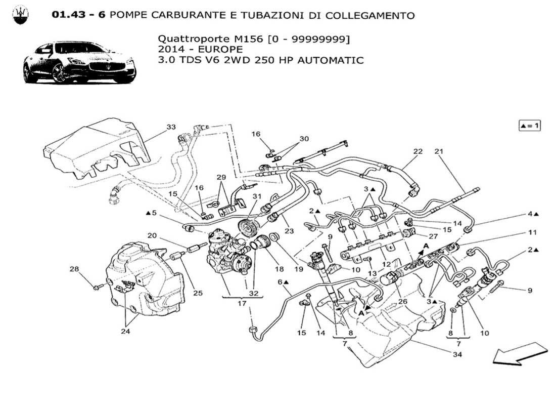 maserati qtp. v6 3.0 tds 250bhp 2014 schéma des pièces des pompes à carburant et des conduites de connexion