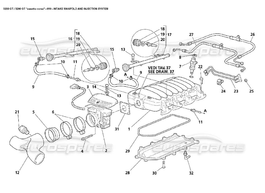 maserati 3200 gt/gta/assetto corsa diagramme du collecteur d'admission et des pièces d'injection