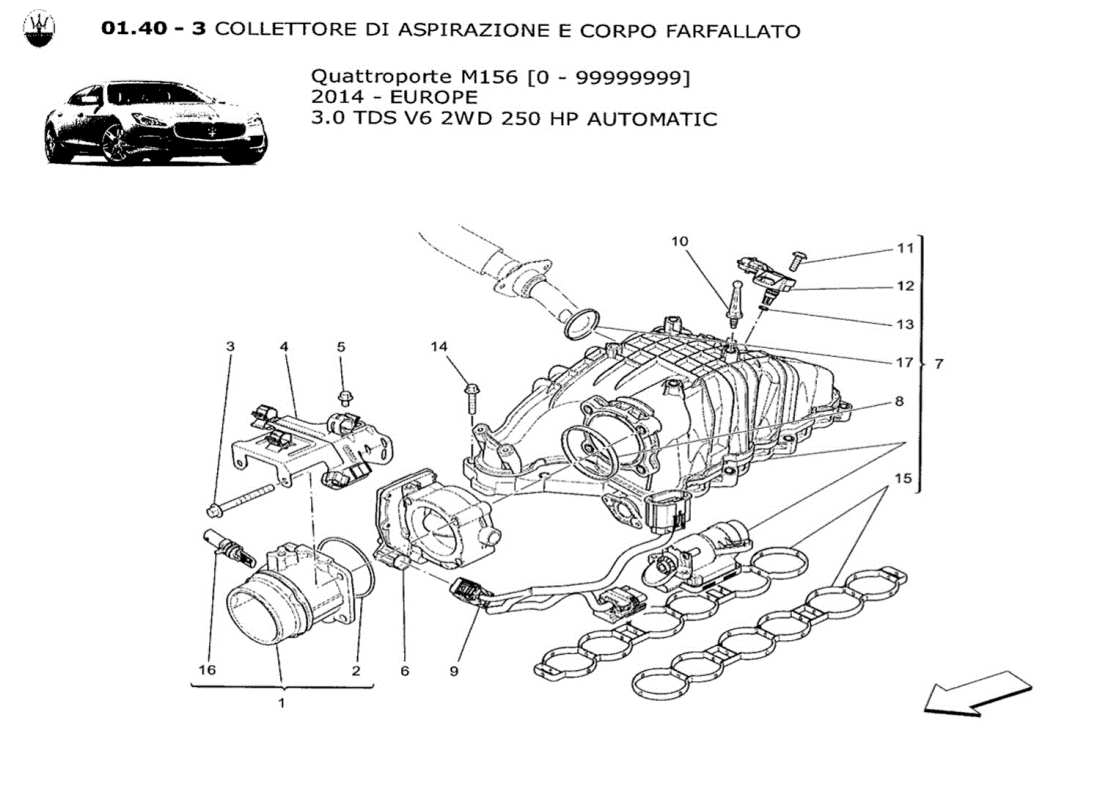 maserati qtp. v6 3.0 tds 250bhp 2014 schéma des parties du collecteur d'admission et du corps de papillon