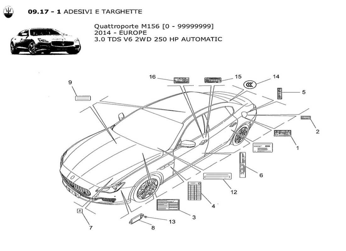 maserati qtp. v6 3.0 tds 250bhp 2014 diagramme de pièces d'autocollants et d'étiquettes