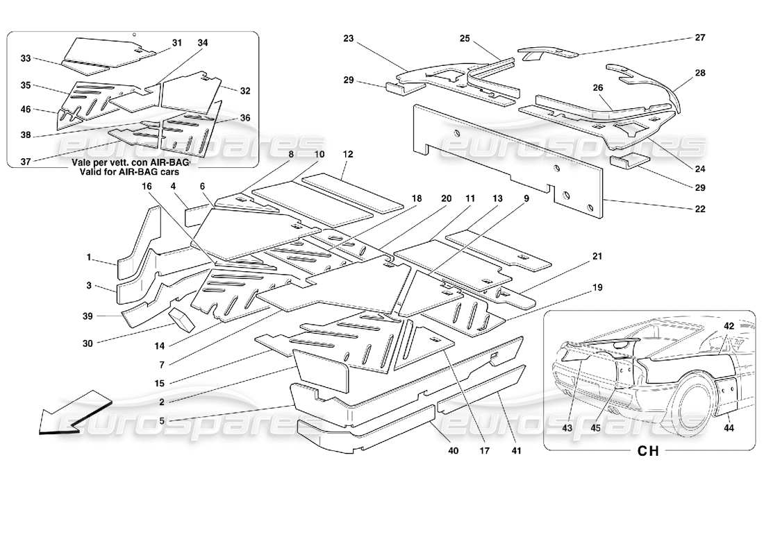 ferrari 355 (2.7 motronic) schéma des pièces des isolations de l'habitacle