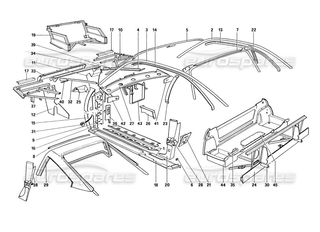 ferrari 328 (1985) coque de carrosserie - éléments intérieurs (pas pour les versions us et sa) schéma des pièces
