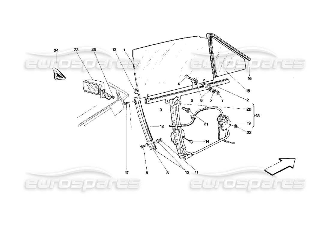 ferrari mondial 3.4 t coupe/cabrio portes - cabriolet - schéma des pièces du dispositif de levage de vitre et du rétroviseur