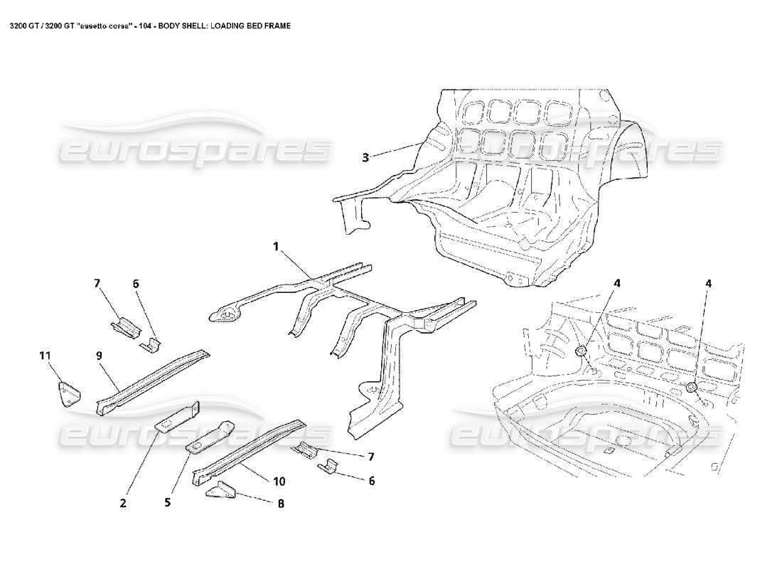 maserati 3200 gt/gta/assetto corsa corps : diagramme des pièces du cadre de lit de chargement