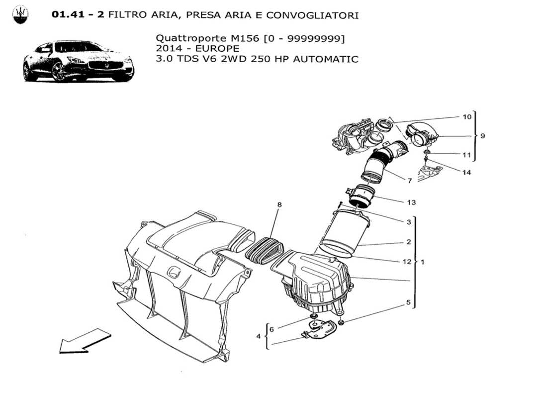 maserati qtp. v6 3.0 tds 250bhp 2014 filtre à air. prise d'air et conduits schéma des pièces