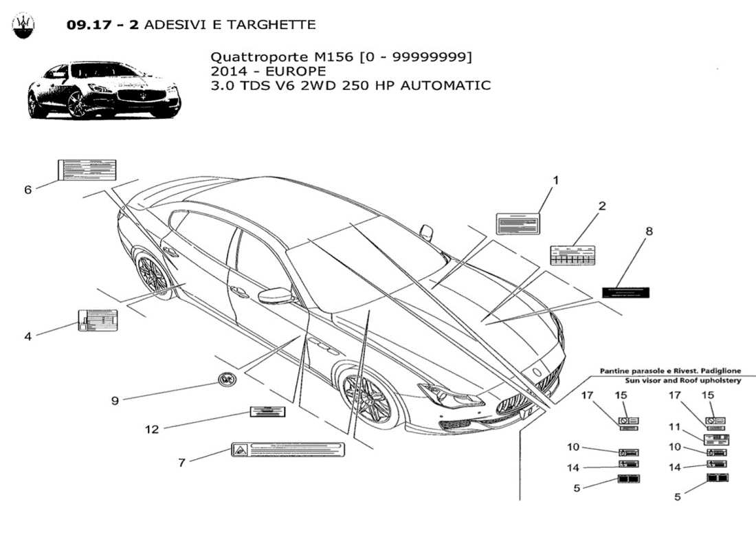 maserati qtp. v6 3.0 tds 250bhp 2014 diagramme de pièces d'autocollants et d'étiquettes