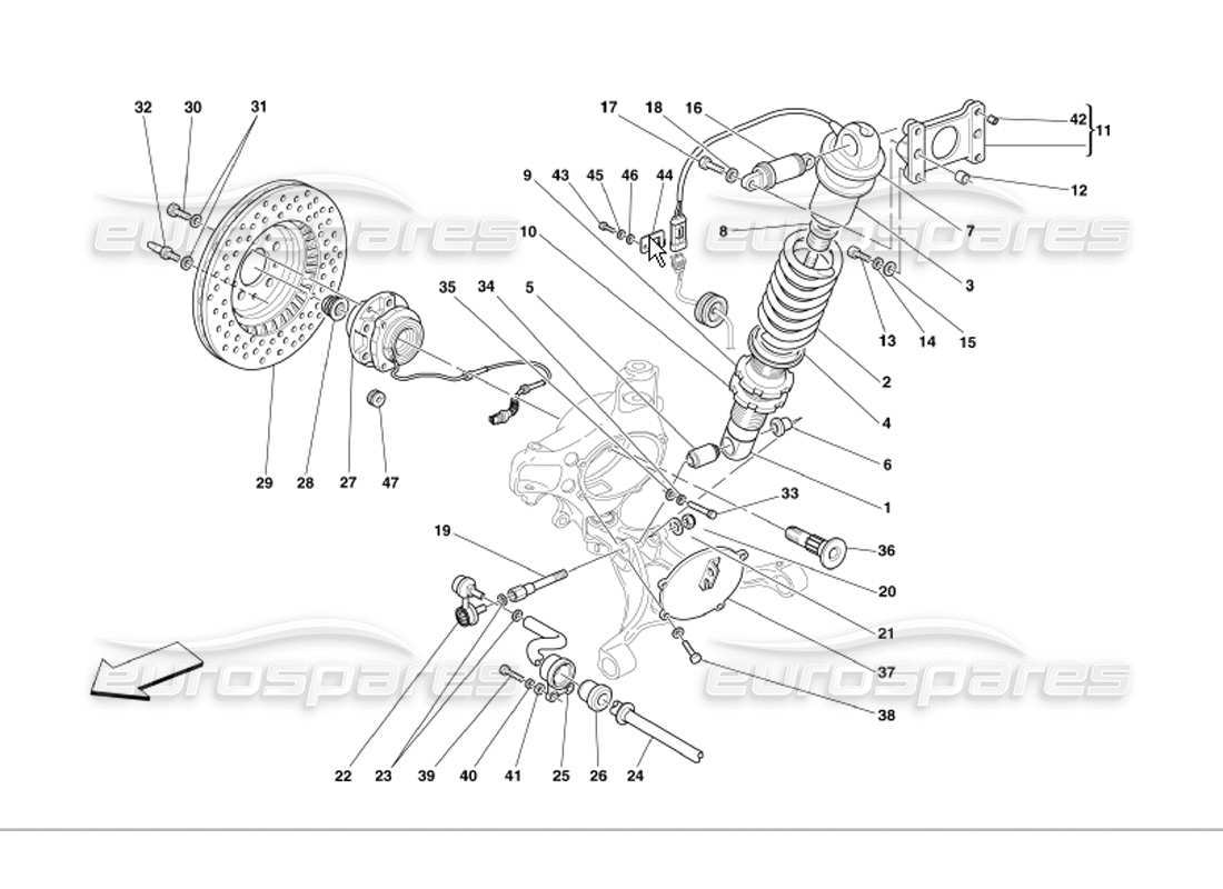 ferrari 360 modena schéma des pièces des amortisseurs de suspension avant et des disques de frein