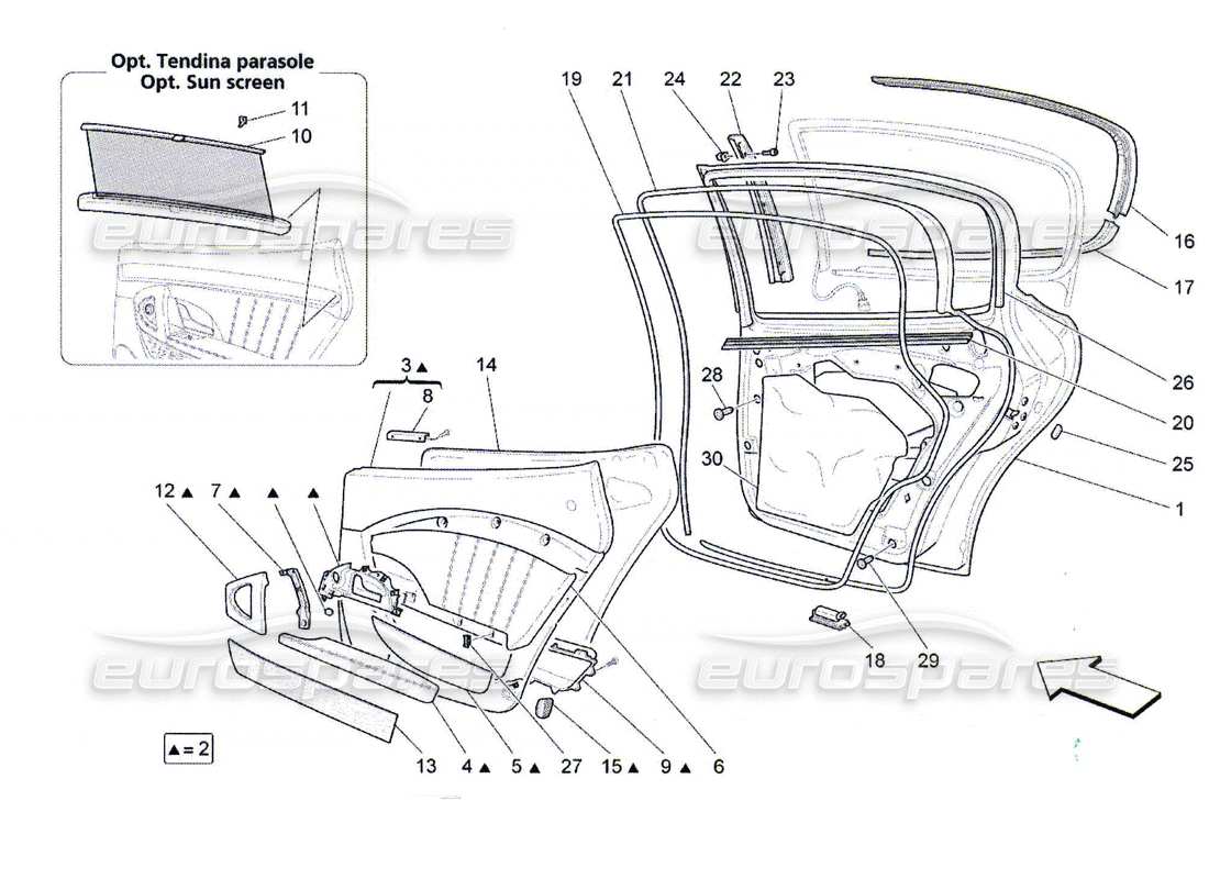 maserati qtp. (2010) 4.7 portes arrière : diagramme de pièces des panneaux de garniture