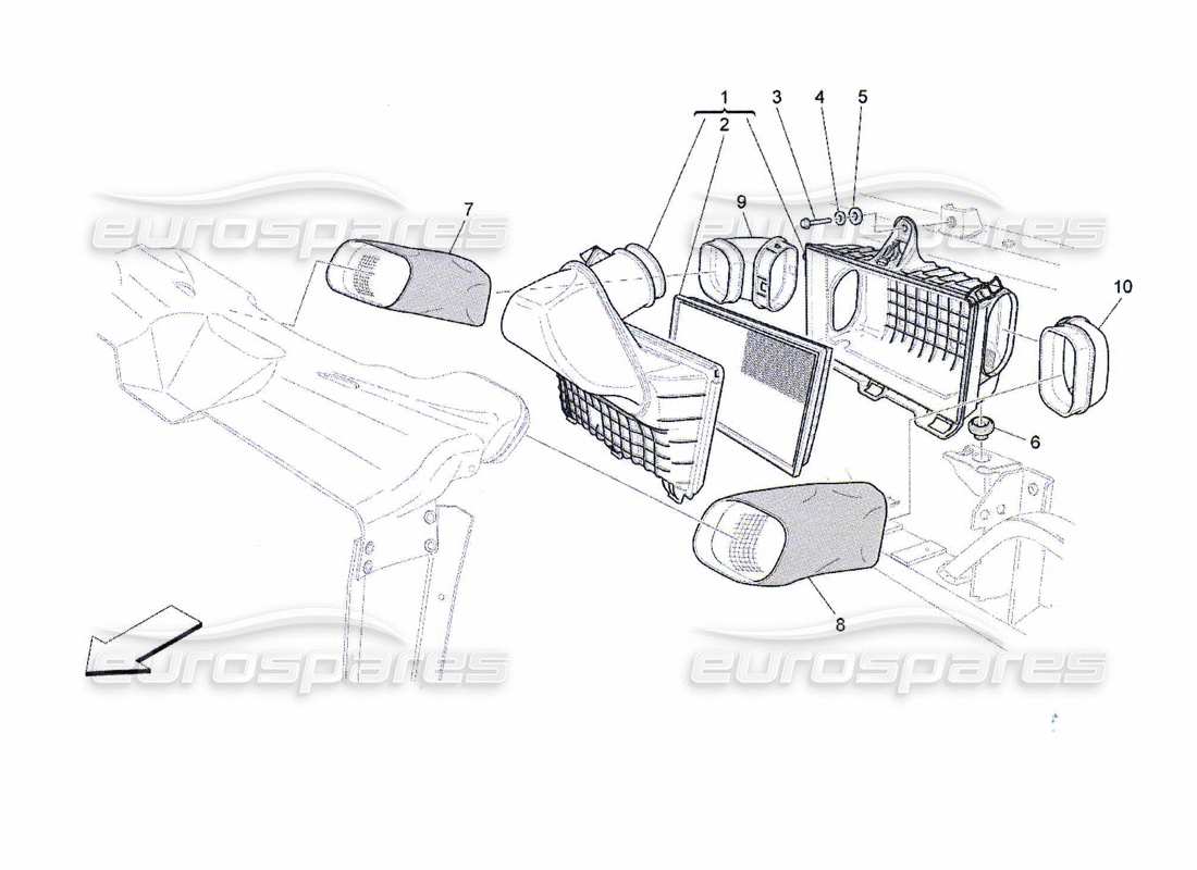 maserati qtp. (2010) 4.7 schéma des pièces du filtre à air, de l'admission d'air et des conduits