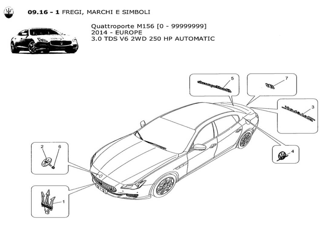maserati qtp. v6 3.0 tds 250bhp 2014 garniture. marques et symboles diagramme des pièces