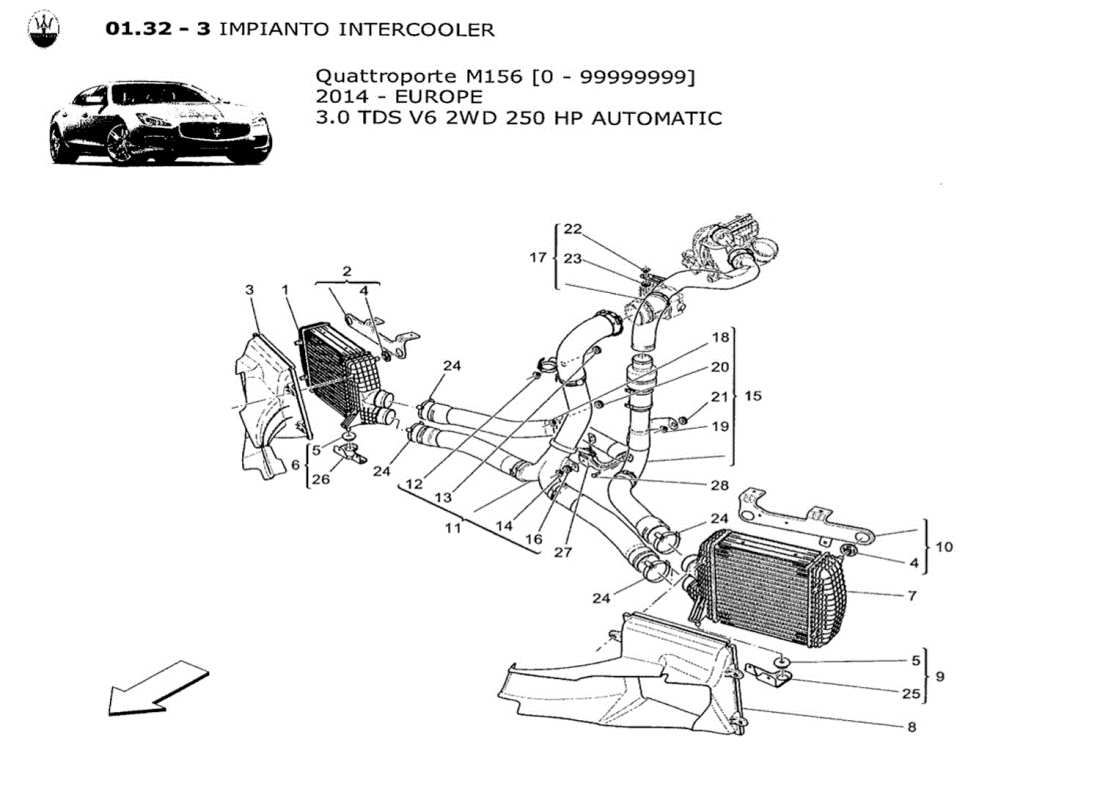 maserati qtp. v6 3.0 tds 250bhp 2014 schéma des pièces du système de refroidisseur intermédiaire