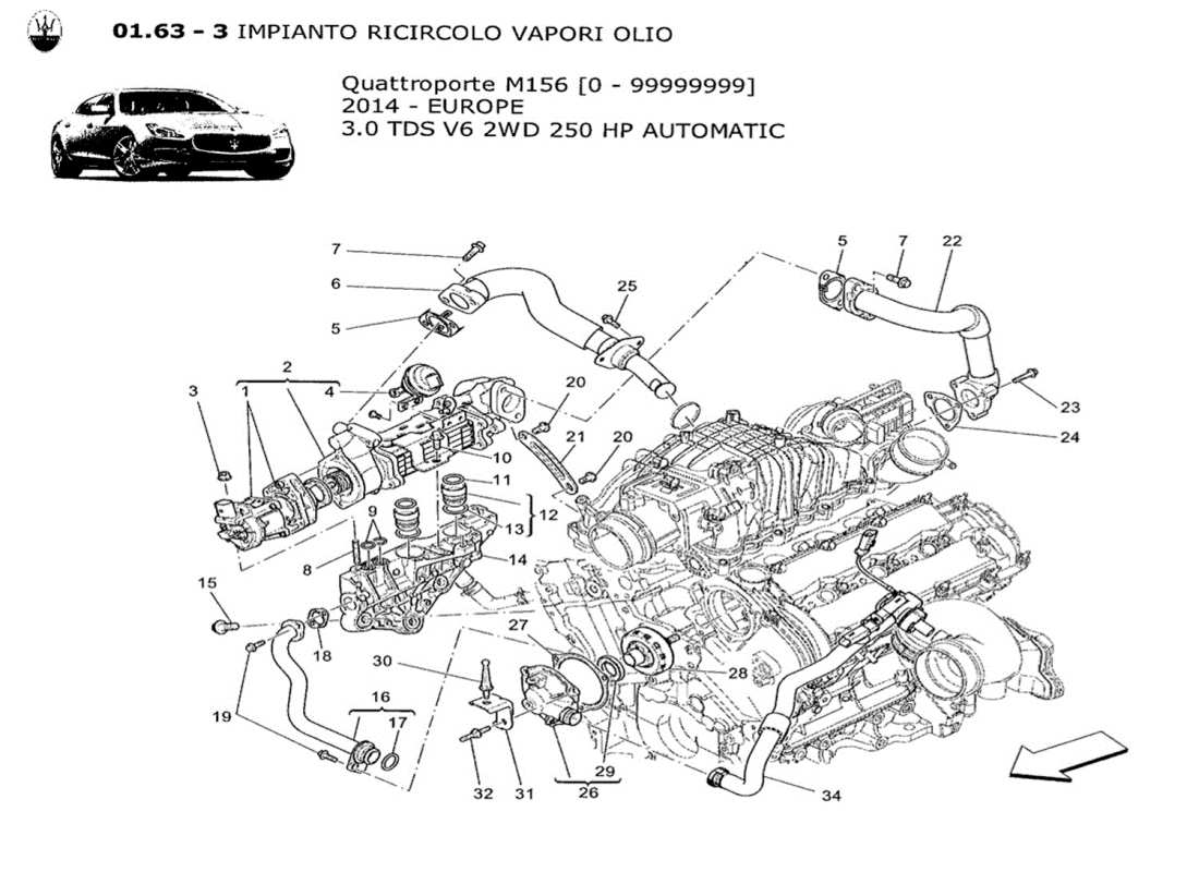 maserati qtp. v6 3.0 tds 250bhp 2014 schéma des pièces du système de recirculation des vapeurs d'huile