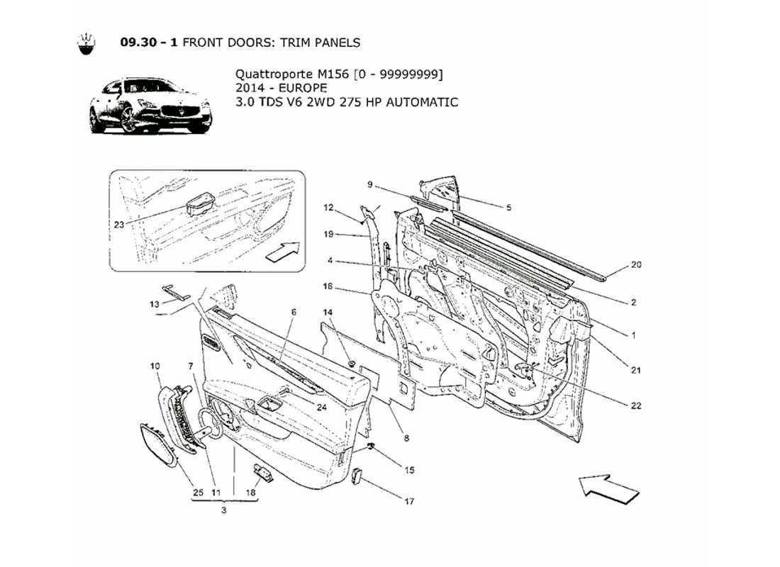 maserati qtp. v6 3.0 tds 275bhp 2014 portes avant : diagramme de pièces des panneaux de garniture