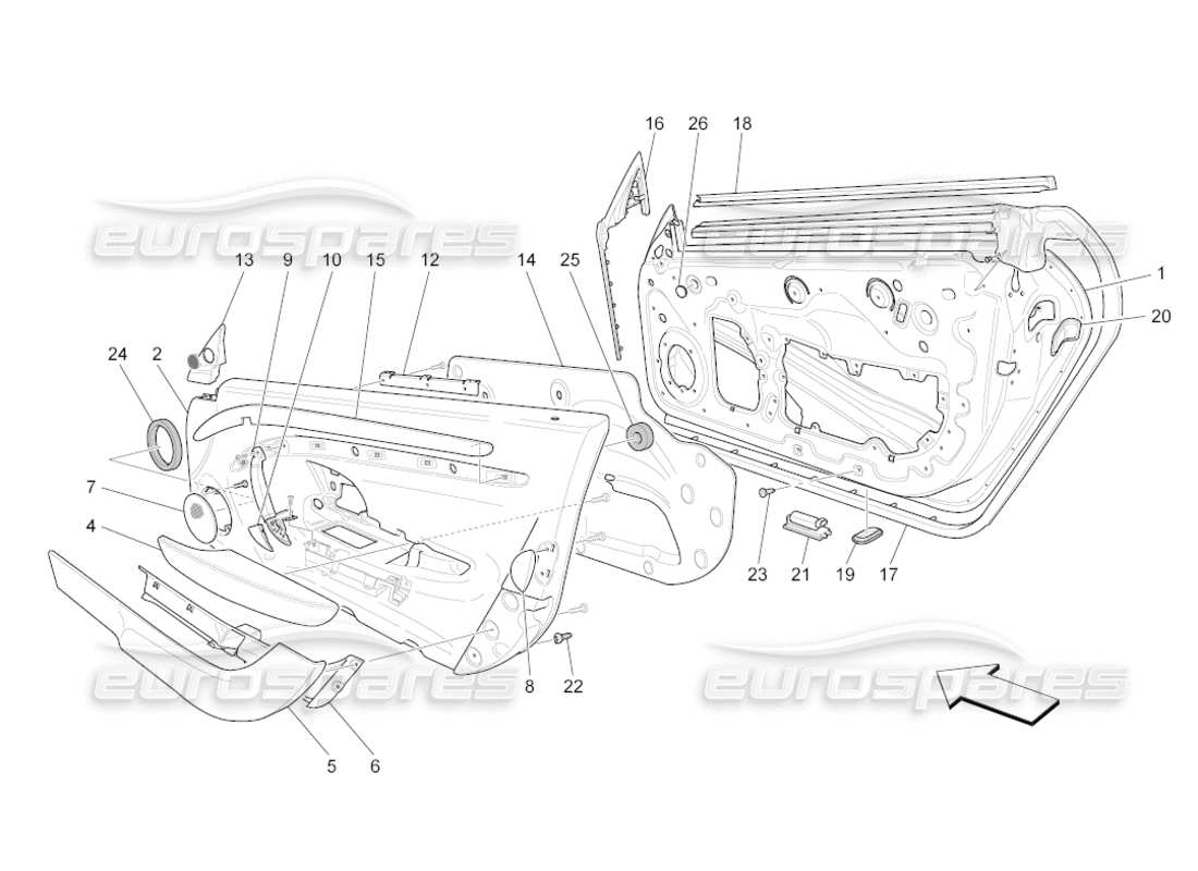 maserati grancabrio (2010) 4.7 portes avant : diagramme de pièces des panneaux de garniture