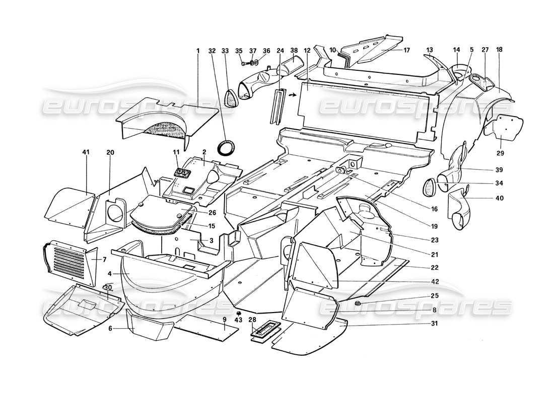 ferrari 328 (1985) coque de carrosserie - diagramme des pièces des éléments intérieurs