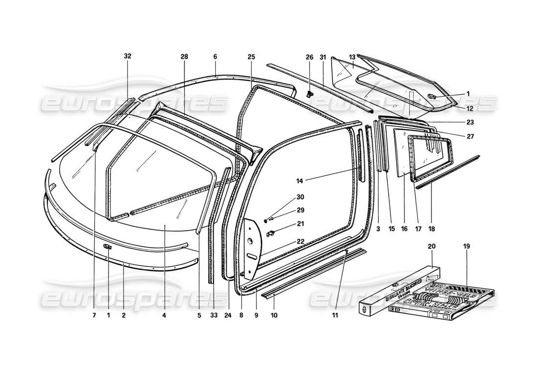 ferrari 308 gtb (1980) lunettes (variantes pour versions rhd - aus) schéma des pièces