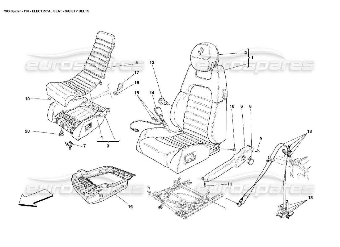 ferrari 360 spider siège électrique - schéma des pièces des ceintures de sécurité