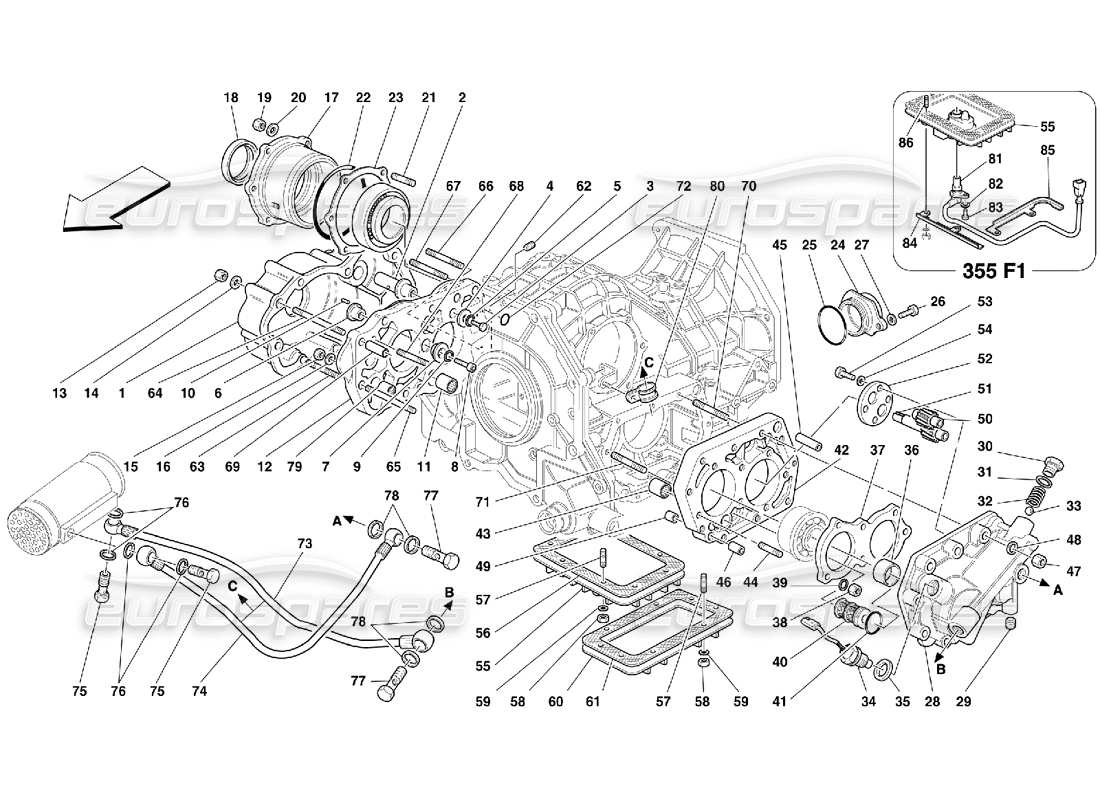 ferrari 355 (5.2 motronic) couvercles de boîte de vitesses et diagramme des pièces de lubrification