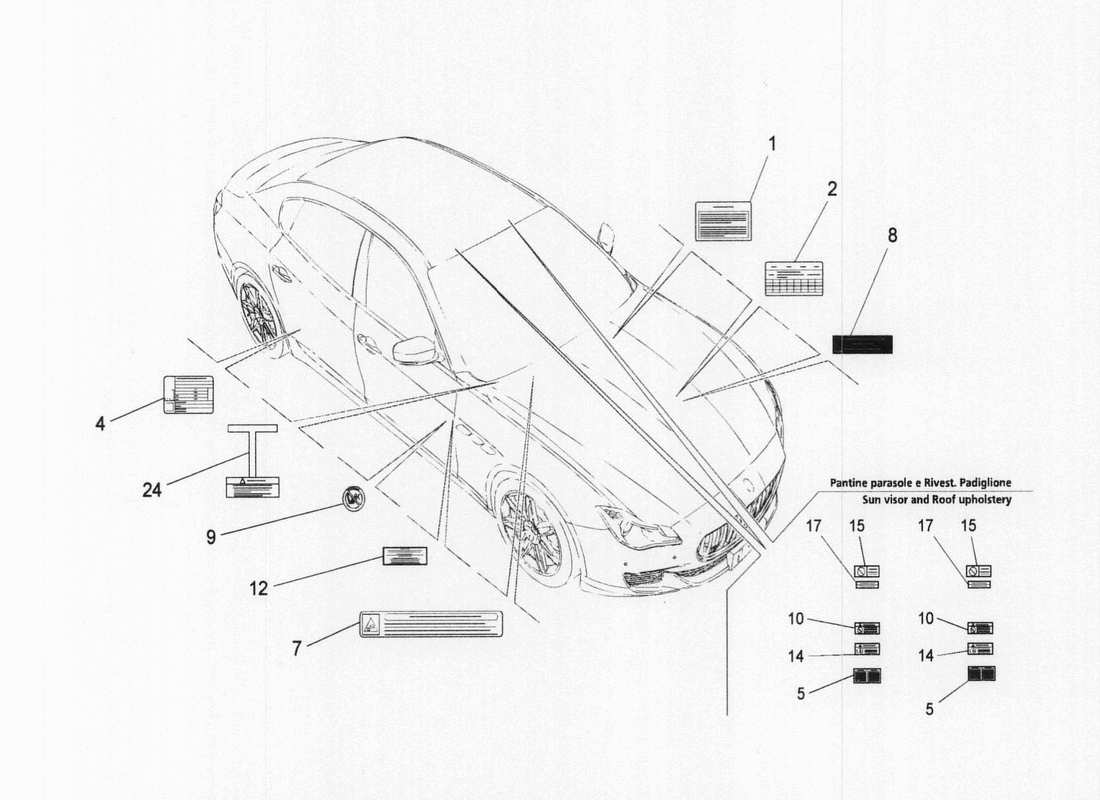 maserati qtp. v6 3.0 bt 410bhp 2wd 2017 diagramme de pièces d'autocollants et d'étiquettes