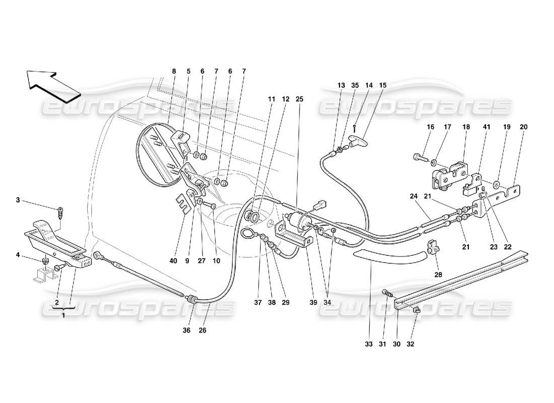 ferrari 355 (5.2 motronic) schéma des pièces des dispositifs d'ouverture du capot arrière et de la porte à gaz