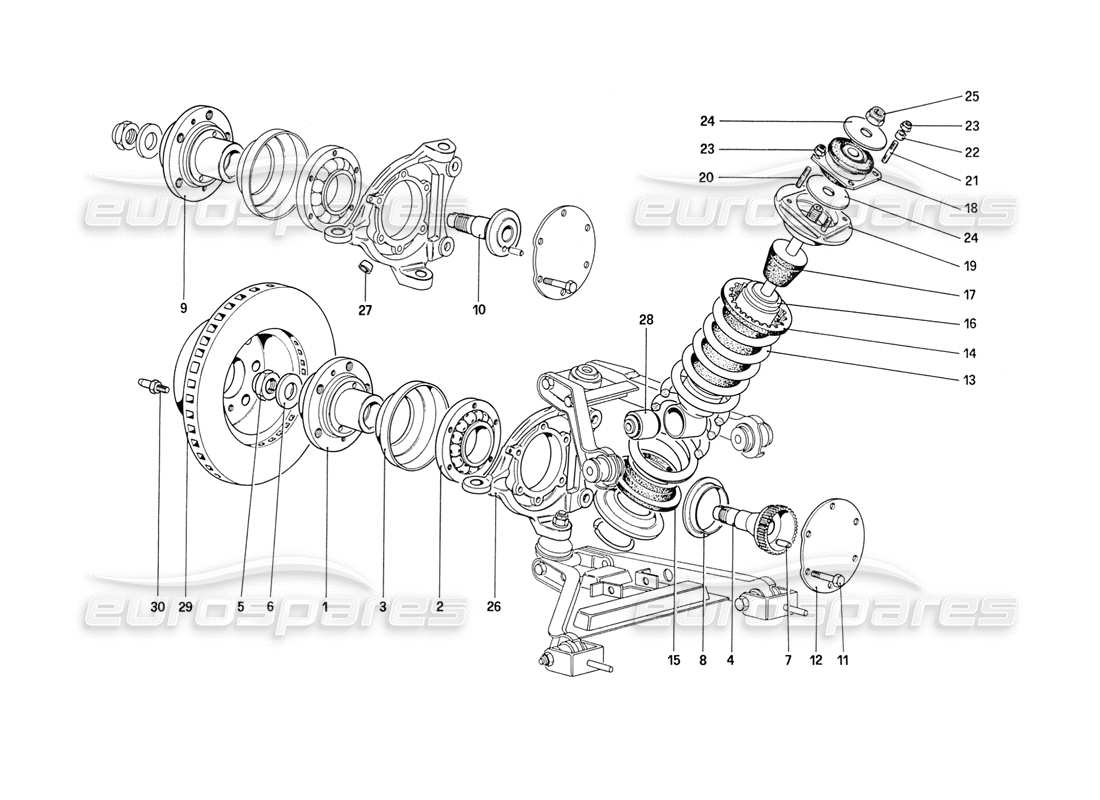 ferrari 208 turbo (1989) suspension avant - amortisseur et disque de frein (à partir de la voiture n° 76626) schéma des pièces