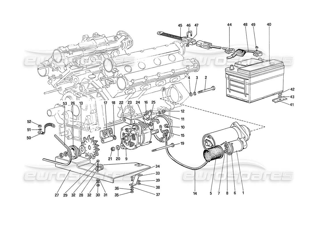 ferrari 208 turbo (1989) schéma des pièces du système de production d'électricité