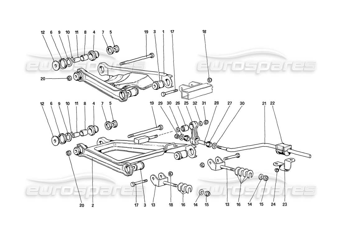 ferrari 208 turbo (1989) suspension arrière - triangles (jusqu'au numéro de voiture 76625) schéma des pièces