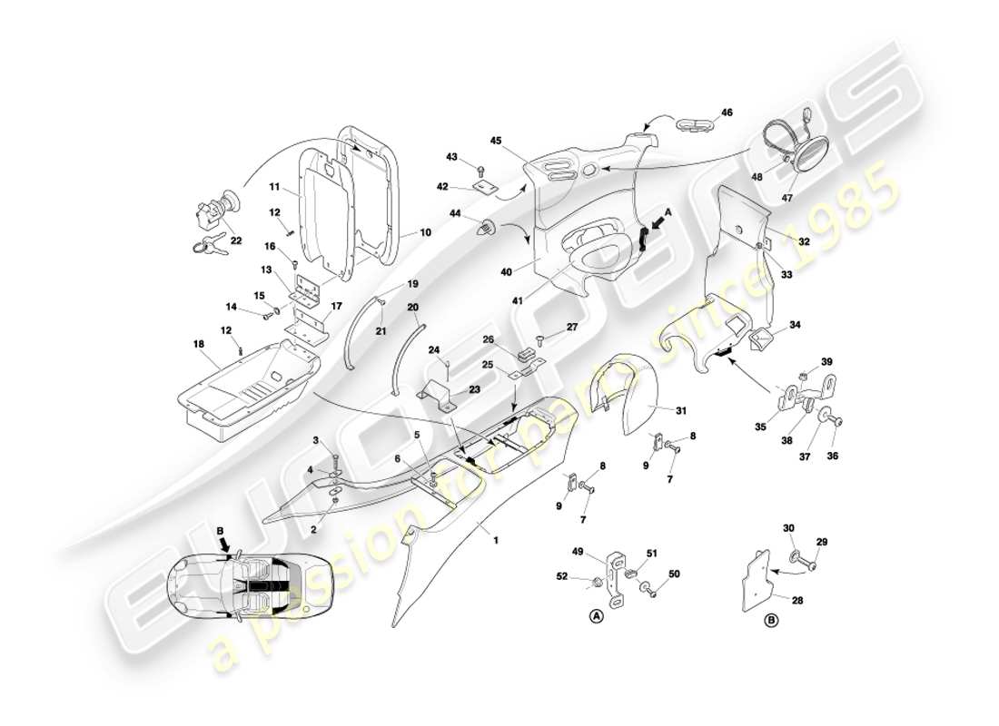 aston martin db7 vantage (2001) console centrale et garniture, diagramme de pièce volante