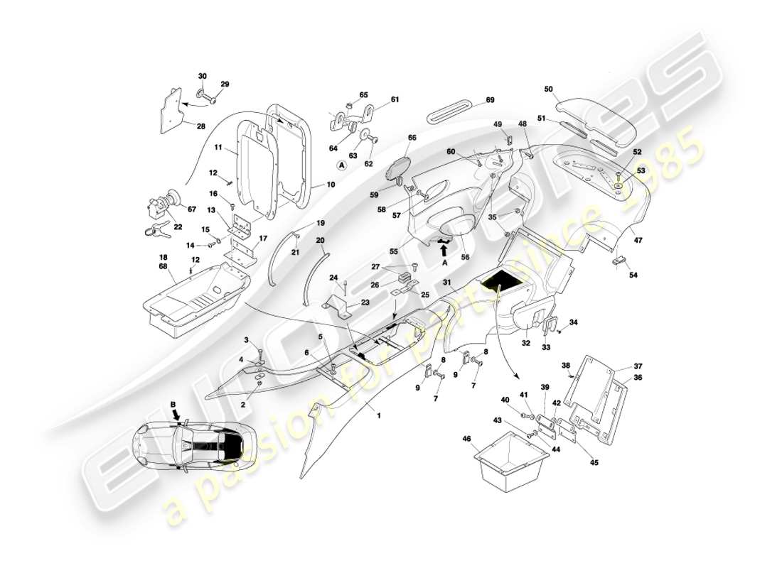 aston martin db7 vantage (2001) console centrale et garniture, diagramme de pièce du coupé