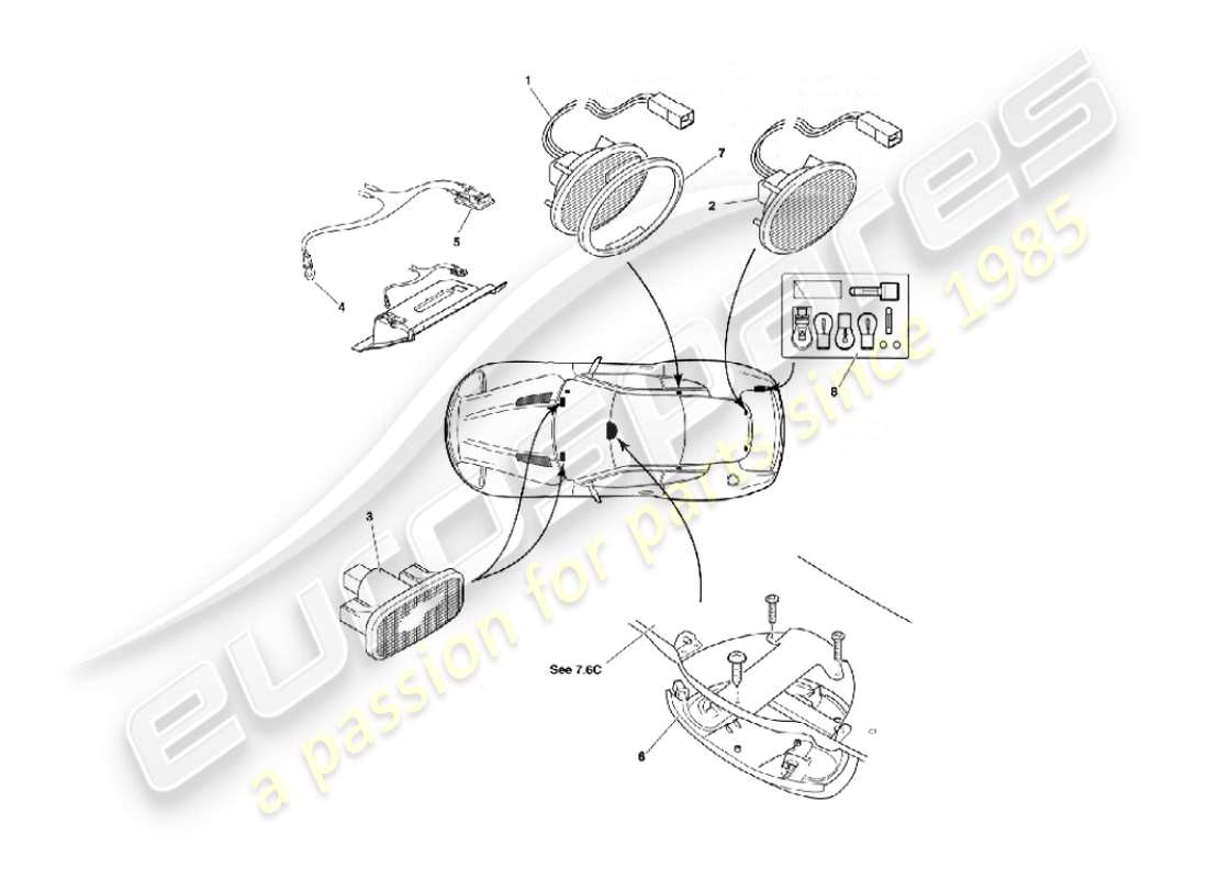 aston martin vanquish (2006) schéma des pièces des lampes et ampoules intérieures