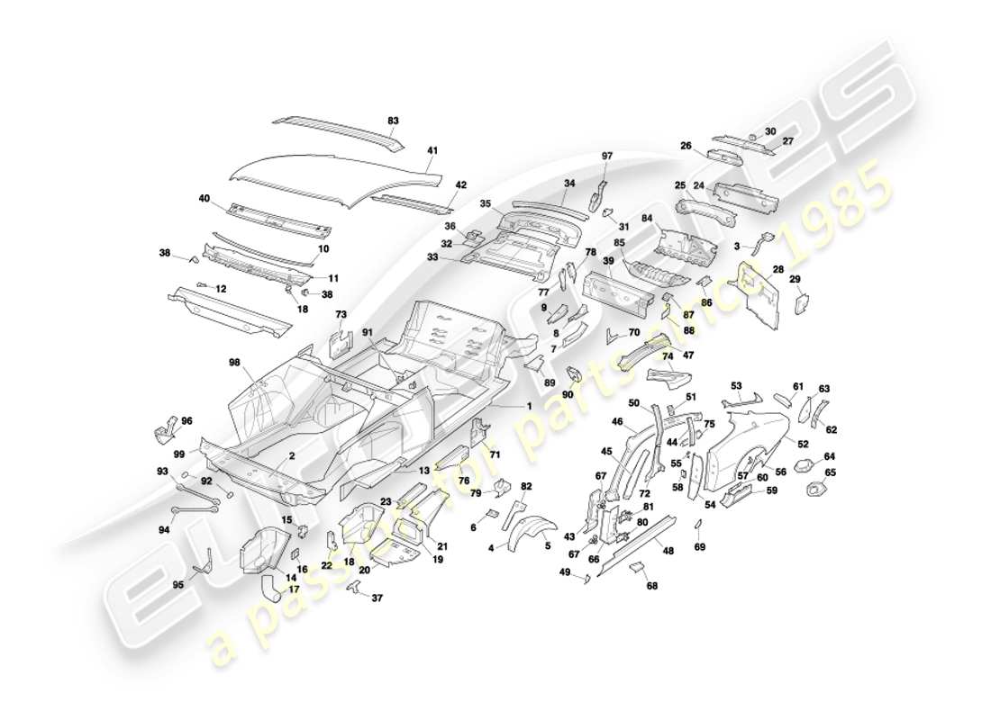 aston martin db7 vantage (2001) panneaux de carrosserie, diagramme de pièce du coupé