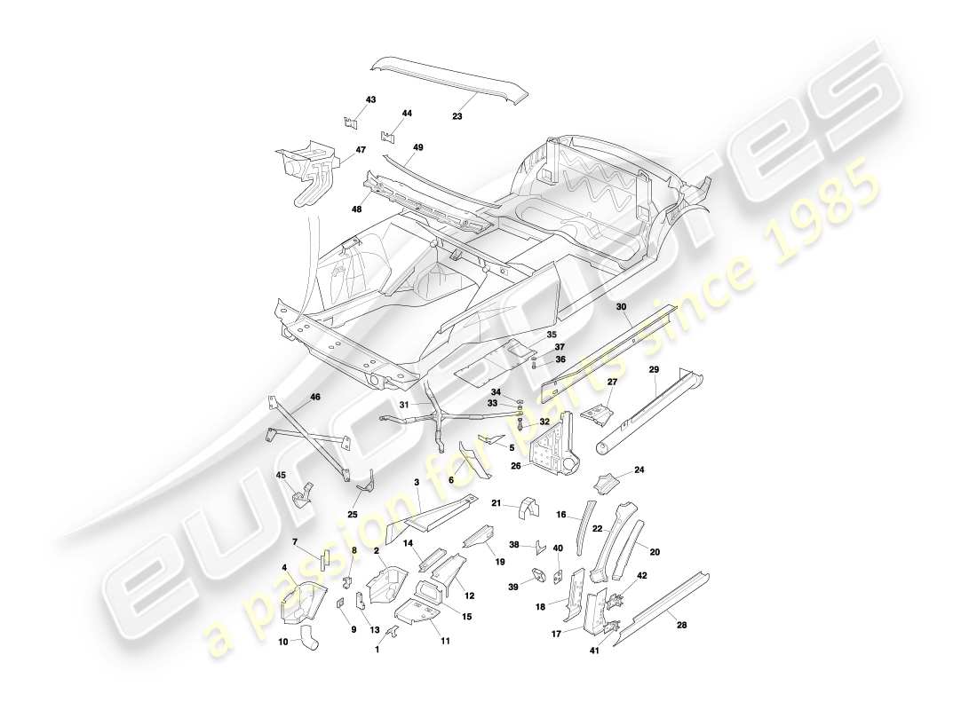 aston martin db7 vantage (2001) panneaux avant, diagramme de pièces volante